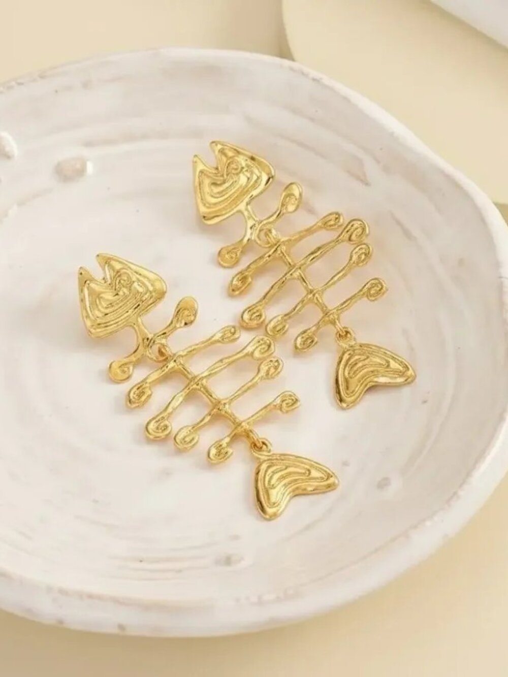 Fishbone Earrings Gothic Molten Skeleton Gold Boho Stud CZ Boho Fish VTG Coastal - Picture 2 of 7